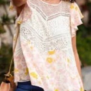 Anthropologie HD in Paris Pink Floral Lace Romantic Blouse Size 8